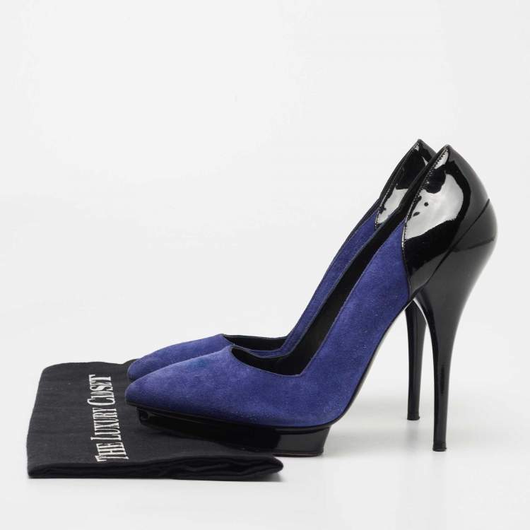Pre Owned Versace Blue/Black Suede and Patent Leather Platform Pumps Size 38