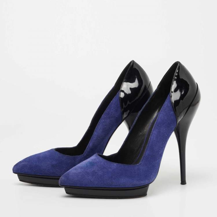 Pre Owned Versace Blue/Black Suede and Patent Leather Platform Pumps Size 38