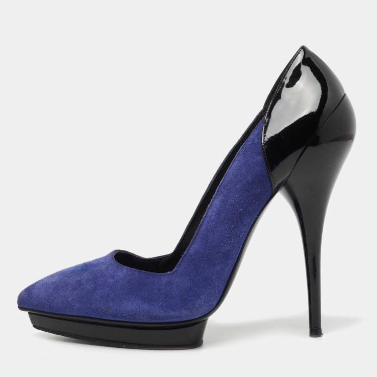 Pre Owned Versace Blue/Black Suede and Patent Leather Platform Pumps Size 38