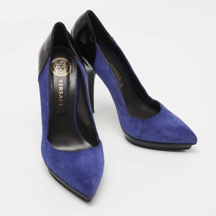 Pre Owned Versace Blue/Black Suede and Patent Leather Platform Pumps Size 38