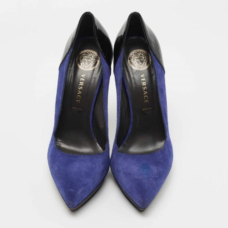 Pre Owned Versace Blue/Black Suede and Patent Leather Platform Pumps Size 38