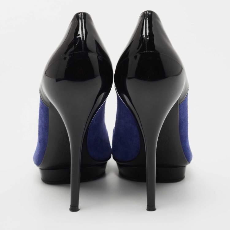 Pre Owned Versace Blue/Black Suede and Patent Leather Platform Pumps Size 38