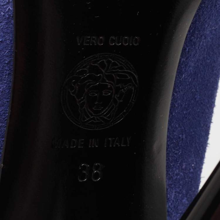Pre Owned Versace Blue/Black Suede and Patent Leather Platform Pumps Size 38