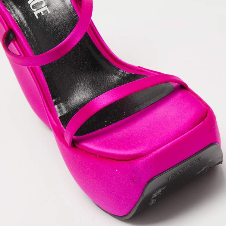 Pre Owned Versace Fuchsia Satin Triplatform Sandals Size 38.5