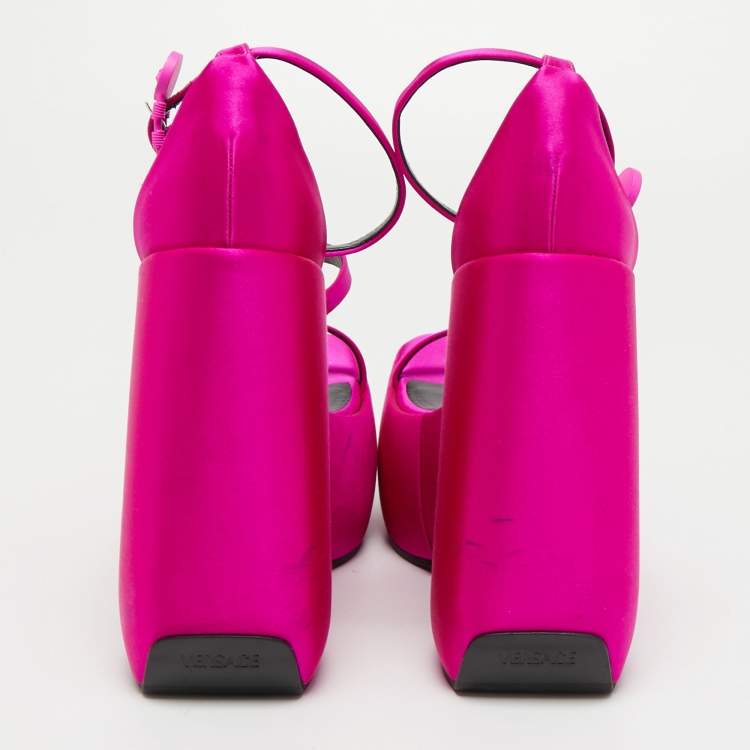 Pre Owned Versace Fuchsia Satin Triplatform Sandals Size 38.5