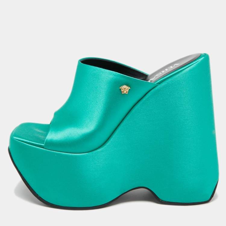 Pre Owned Versace Green Satin Triplatform Wedge Mules Size 38.5