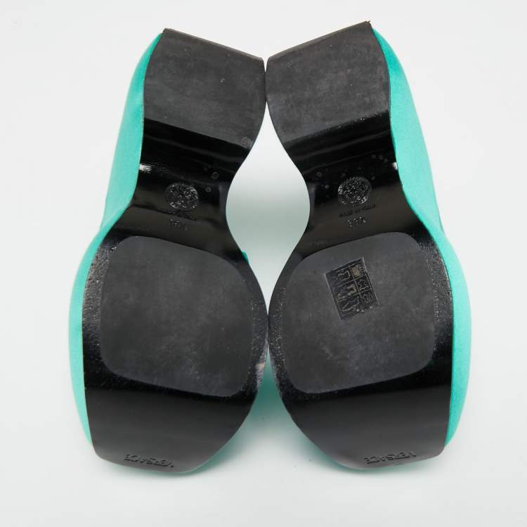 Pre Owned Versace Green Satin Triplatform Wedge Mules Size 38.5