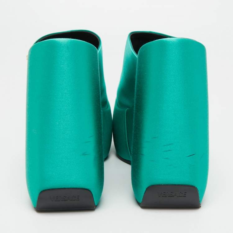 Pre Owned Versace Green Satin Triplatform Wedge Mules Size 38.5