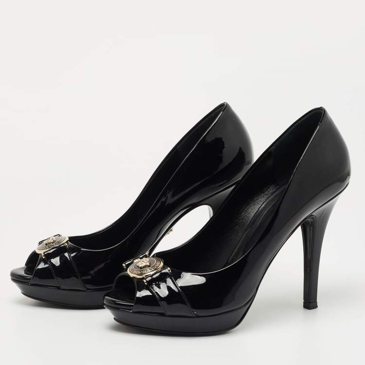 Pre Owned Versace Black Patent Leather Medusa Peep Toe Pumps Size 38