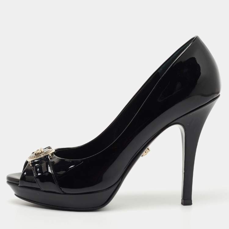 Pre Owned Versace Black Patent Leather Medusa Peep Toe Pumps Size 38
