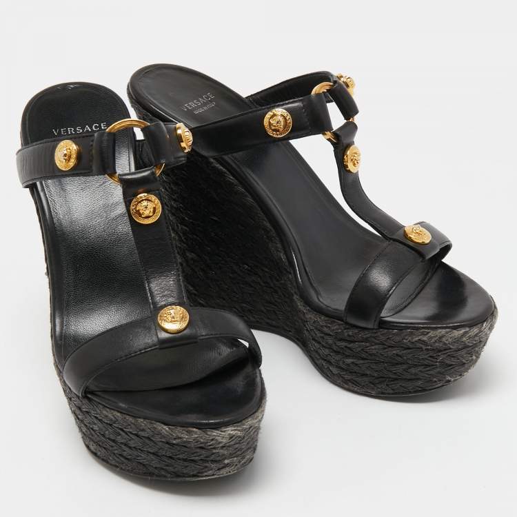 Pre Owned Versace Black Leather Embellished Wedge Sandals Size 38