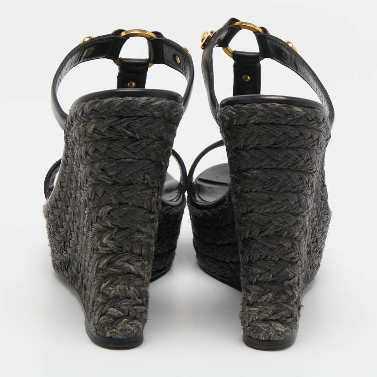 Pre Owned Versace Black Leather Embellished Wedge Sandals Size 38