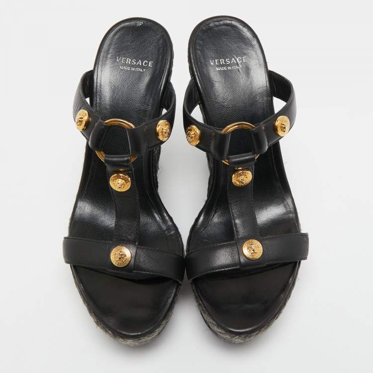 Pre Owned Versace Black Leather Embellished Wedge Sandals Size 38