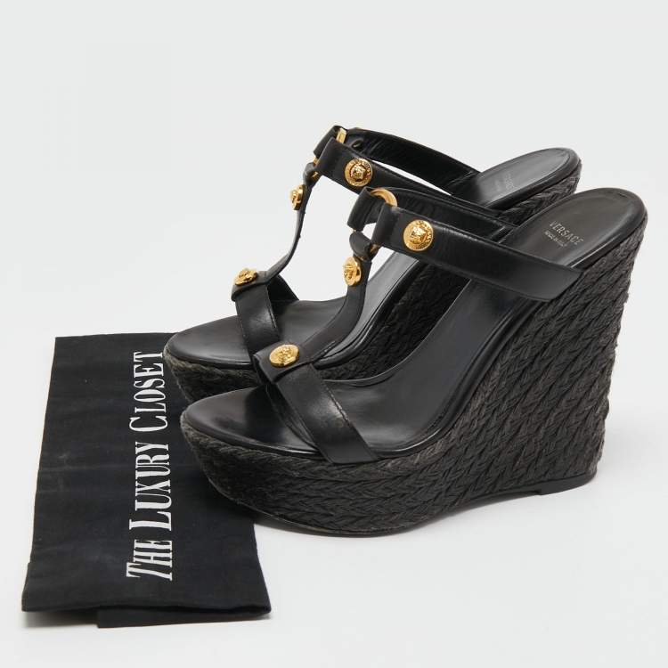 Pre Owned Versace Black Leather Embellished Wedge Sandals Size 38