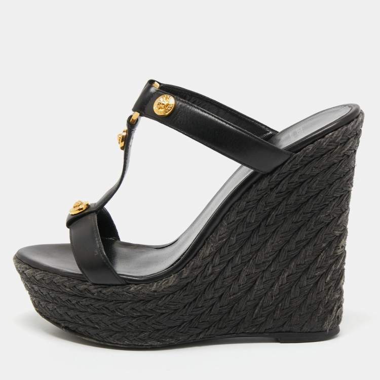 Pre Owned Versace Black Leather Embellished Wedge Sandals Size 38