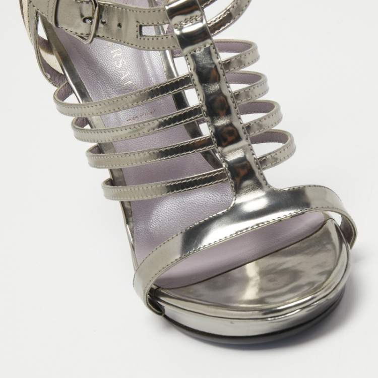 Pre Owned Versace Silver Leather Caged Ankle Strap Sandals Size 39