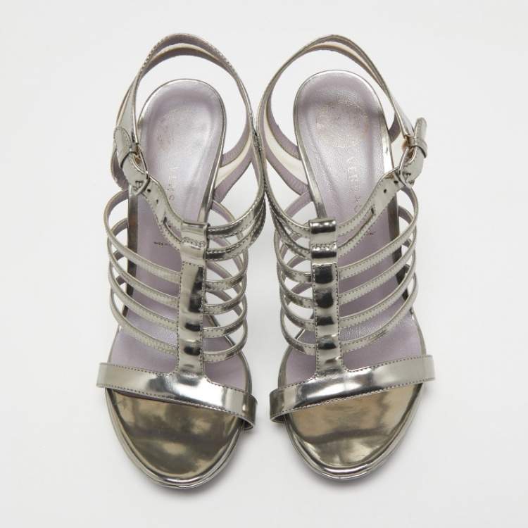 Pre Owned Versace Silver Leather Caged Ankle Strap Sandals Size 39