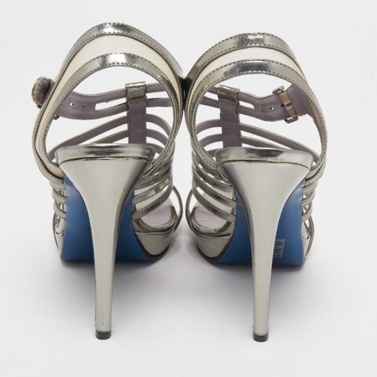 Pre Owned Versace Silver Leather Caged Ankle Strap Sandals Size 39