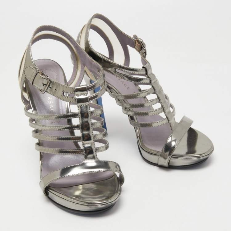 Pre Owned Versace Silver Leather Caged Ankle Strap Sandals Size 39