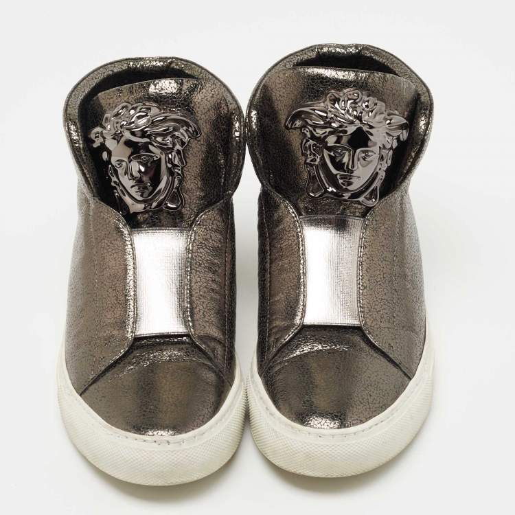 Pre Owned Versace Metallic Grey Laminated Suede Medusa High Top Sneakers Size 35.5