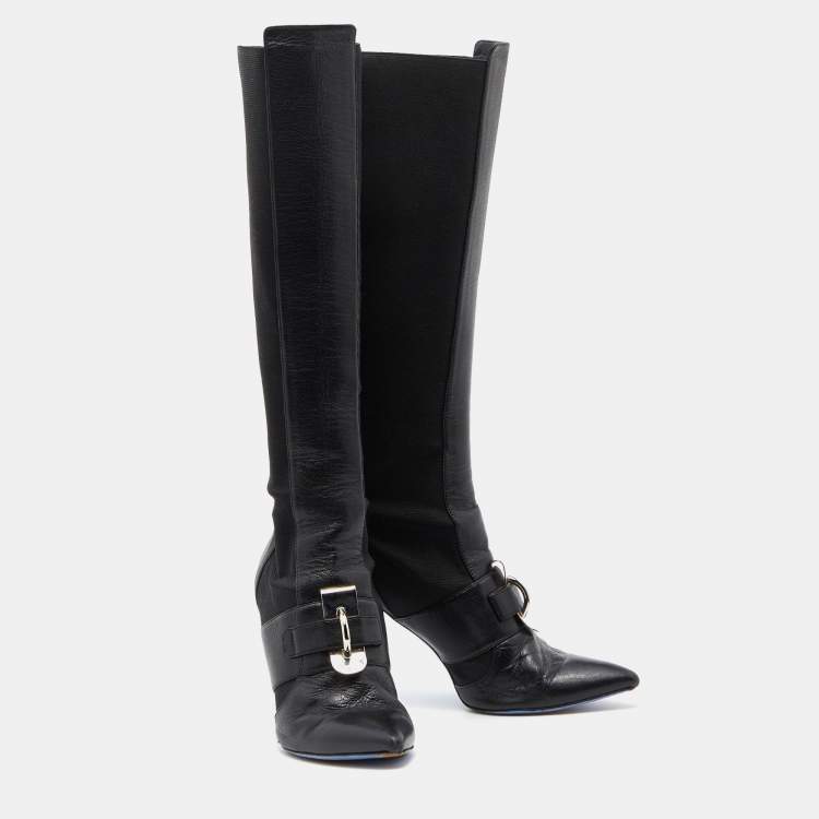 Pre Owned Versace Black Stretch Fabric and Leather Knee Length Boots Size 41