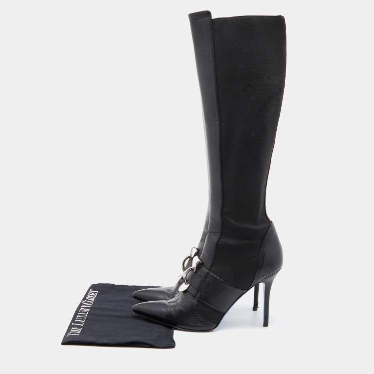 Pre Owned Versace Black Stretch Fabric and Leather Knee Length Boots Size 41
