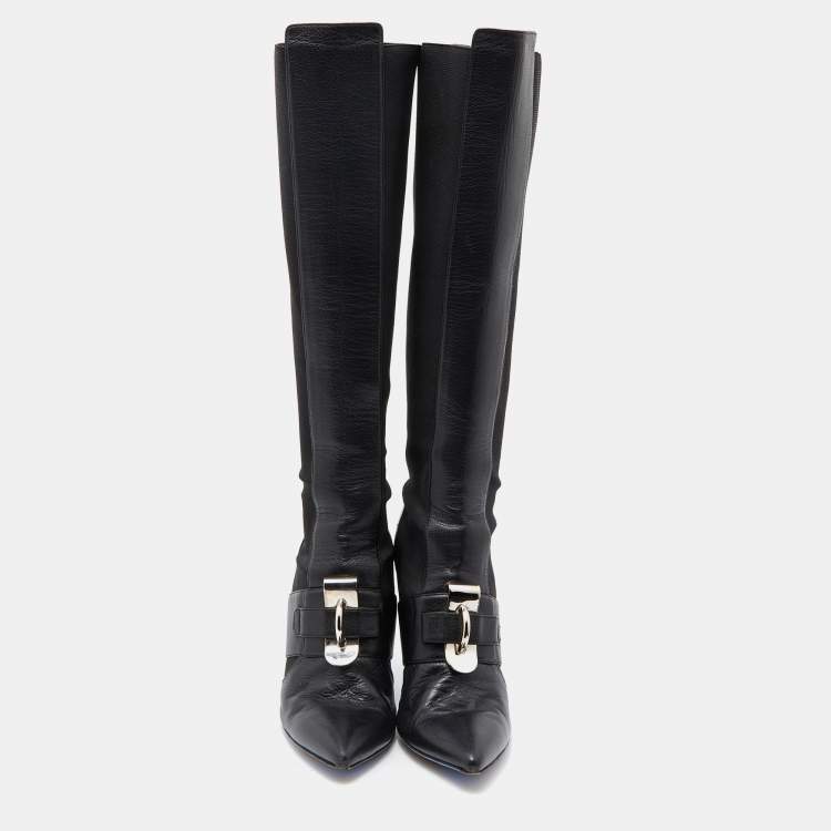 Pre Owned Versace Black Stretch Fabric and Leather Knee Length Boots Size 41