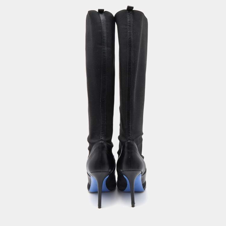Pre Owned Versace Black Stretch Fabric and Leather Knee Length Boots Size 41