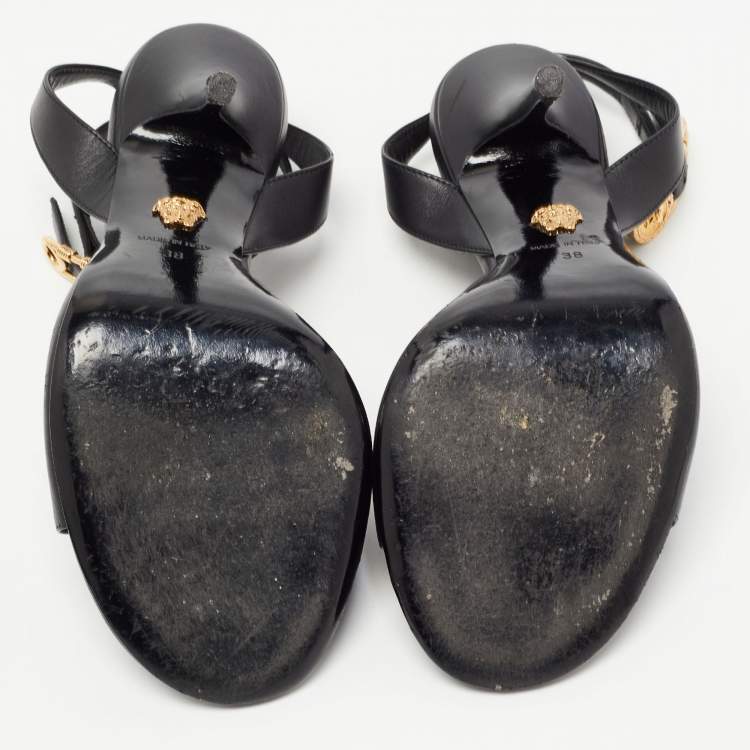 Pre Owned Versace Black Leather Ankle Strap Sandals Size 38