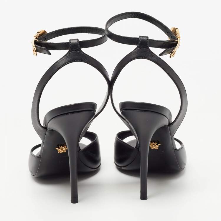 Pre Owned Versace Black Leather Ankle Strap Sandals Size 38