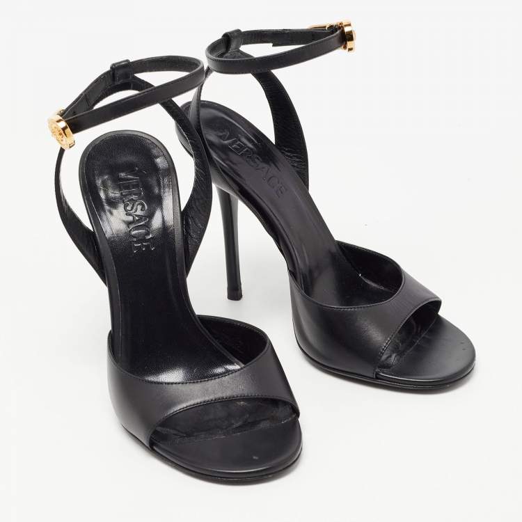 Pre Owned Versace Black Leather Ankle Strap Sandals Size 38