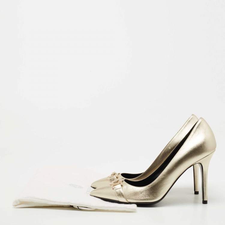 Pre Owned Versace Metallic Gold Leather Medusa Detail Pointed Toe Pumps Size 38