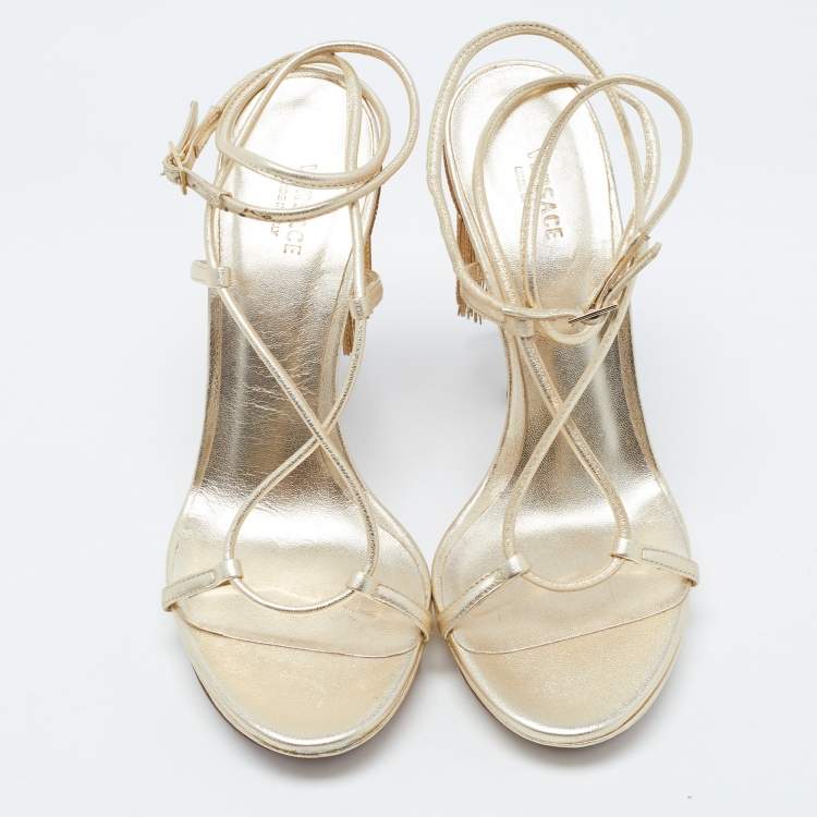 Pre Owned Versace Gold Leather Fringe Heel Ankle Wrap Sandals Size 37