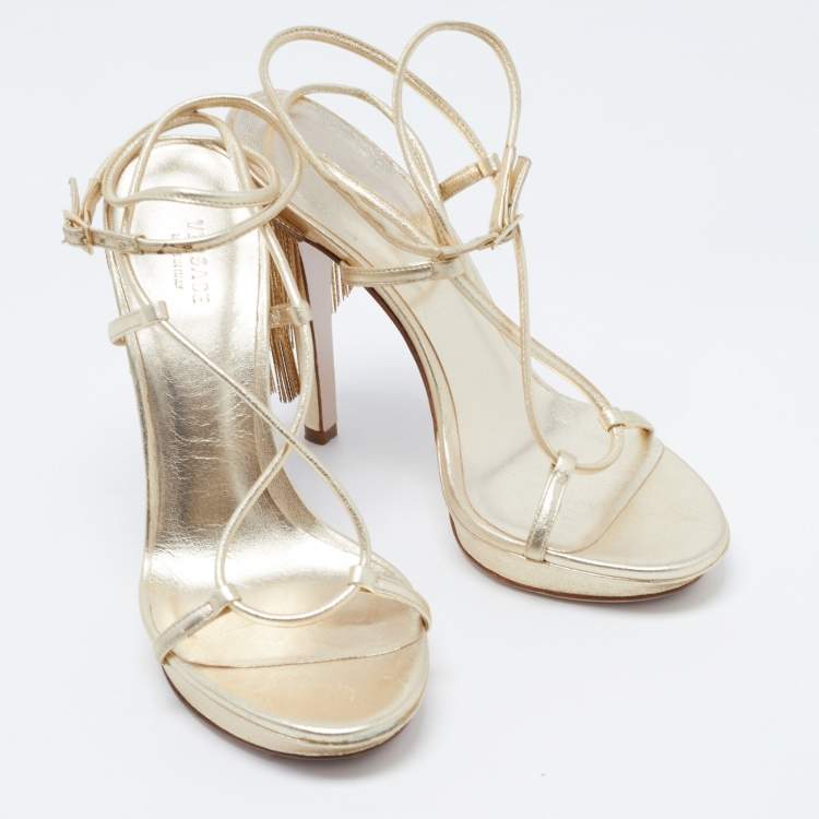 Pre Owned Versace Gold Leather Fringe Heel Ankle Wrap Sandals Size 37