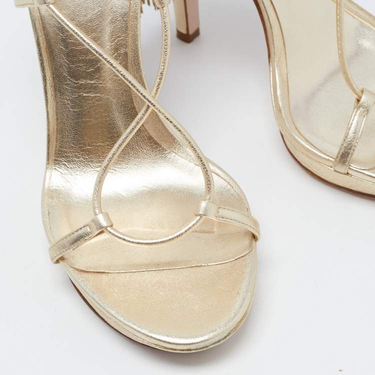 Pre Owned Versace Gold Leather Fringe Heel Ankle Wrap Sandals Size 37