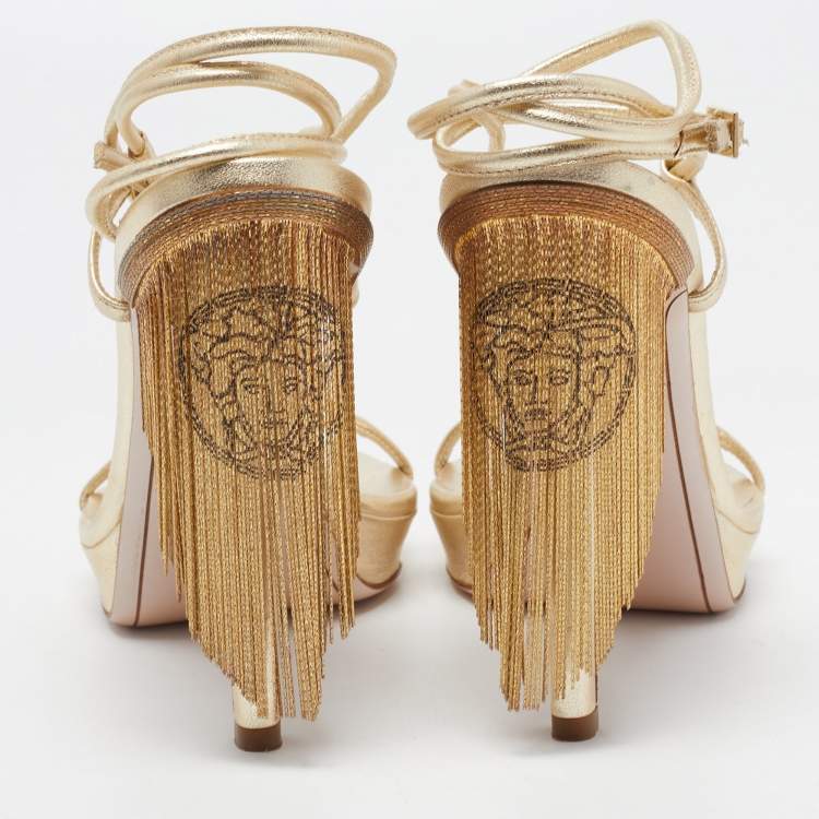 Pre Owned Versace Gold Leather Fringe Heel Ankle Wrap Sandals Size 37