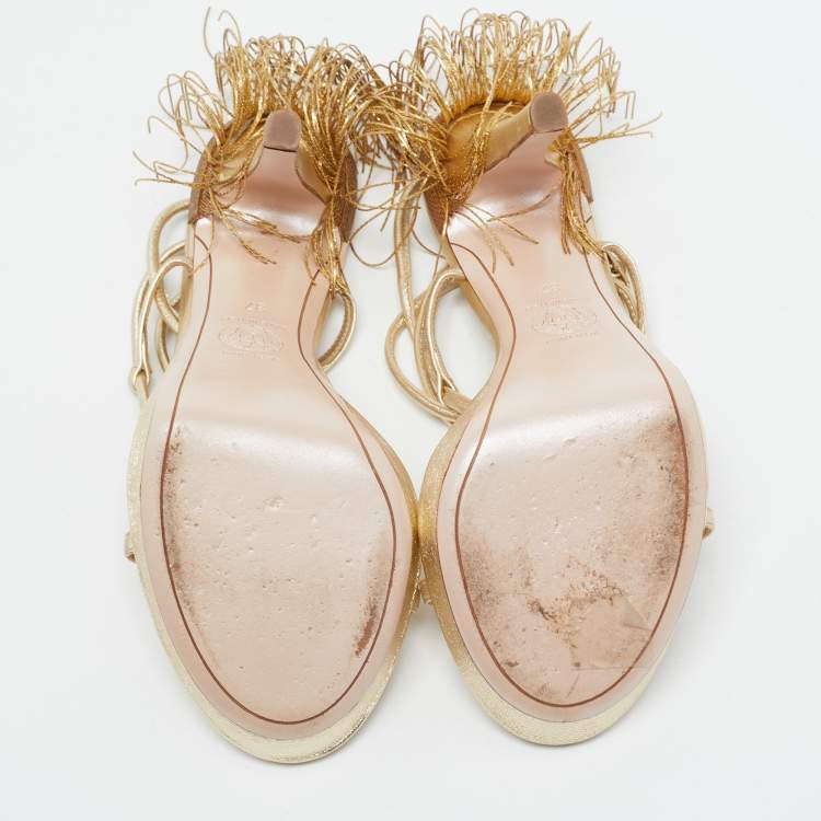 Pre Owned Versace Gold Leather Fringe Heel Ankle Wrap Sandals Size 37