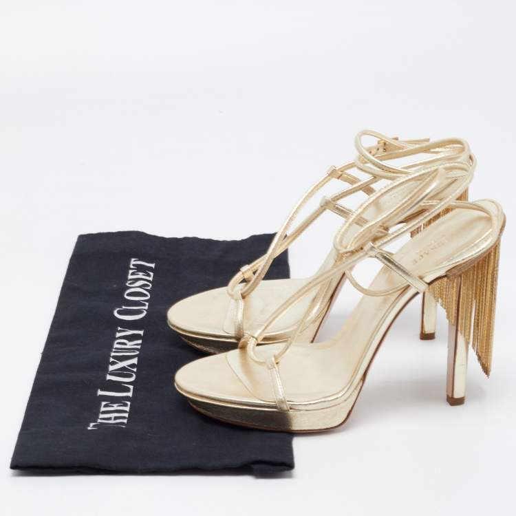 Pre Owned Versace Gold Leather Fringe Heel Ankle Wrap Sandals Size 37