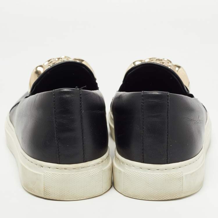 Pre Owned Versace Black Leather Palazzo Medusa Slip On Sneakers Size 38