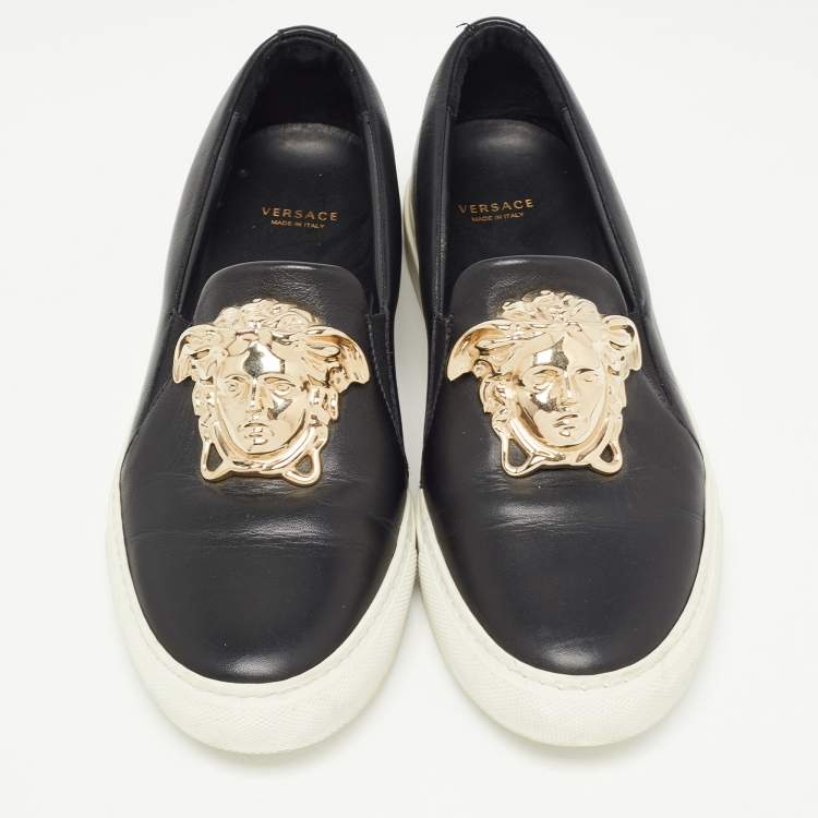 Pre Owned Versace Black Leather Palazzo Medusa Slip On Sneakers Size 38