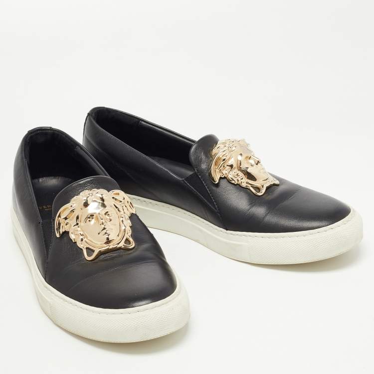 Pre Owned Versace Black Leather Palazzo Medusa Slip On Sneakers Size 38