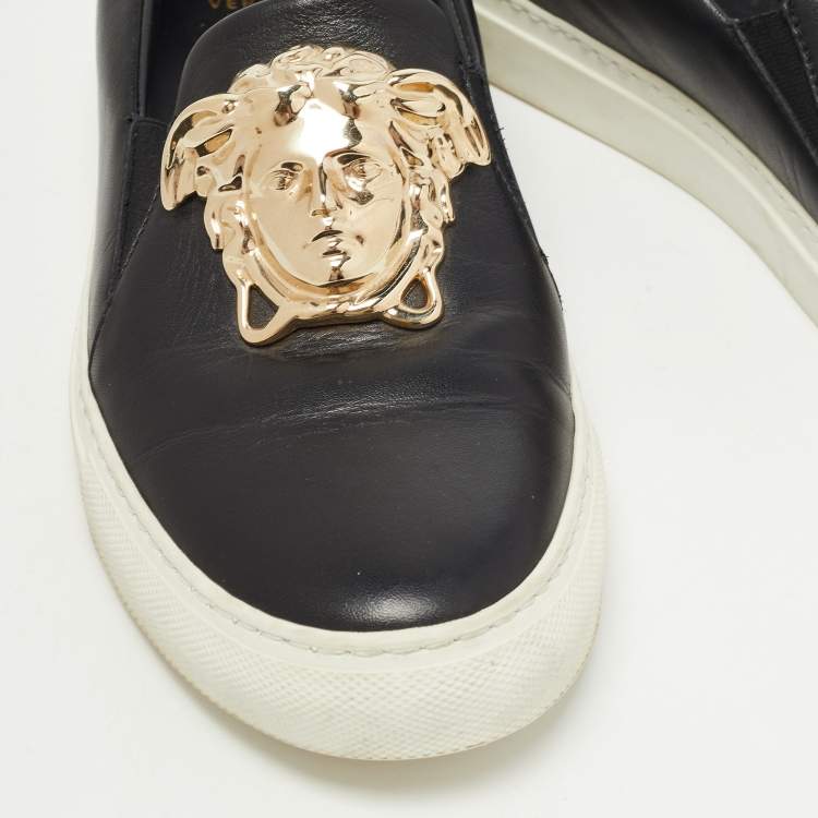 Pre Owned Versace Black Leather Palazzo Medusa Slip On Sneakers Size 38