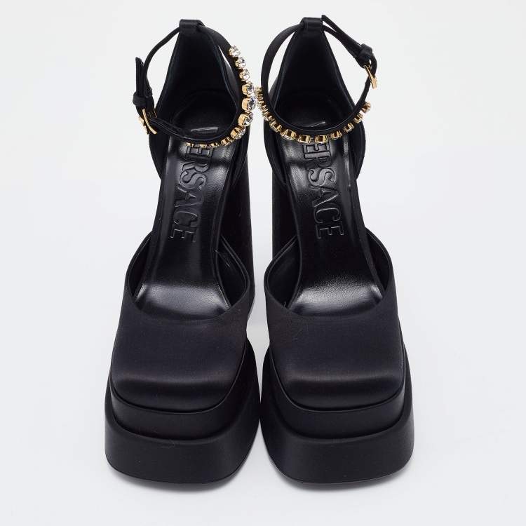 Pre Owned Versace Black Satin Medusa Aevitas Double Platform Pumps Size 38