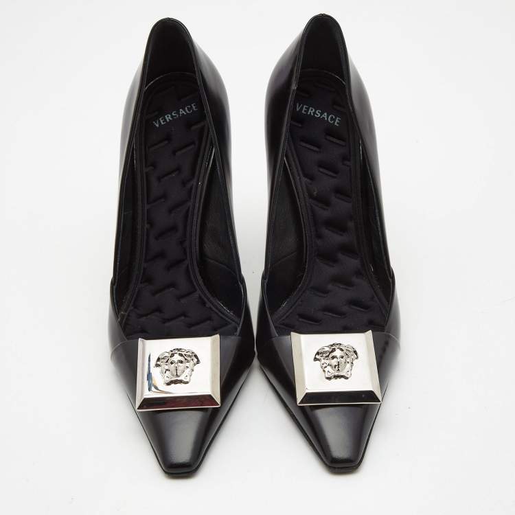 Pre Owned Versace Black Leather Medussa Metal Heel Pumps Size 37