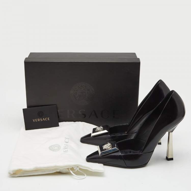 Pre Owned Versace Black Leather Medussa Metal Heel Pumps Size 37