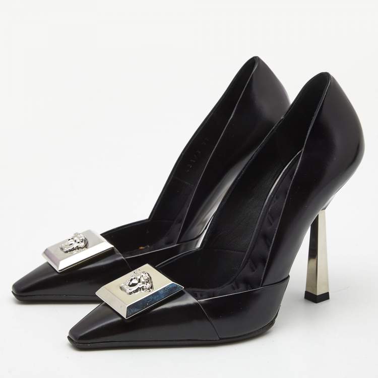 Pre Owned Versace Black Leather Medussa Metal Heel Pumps Size 37