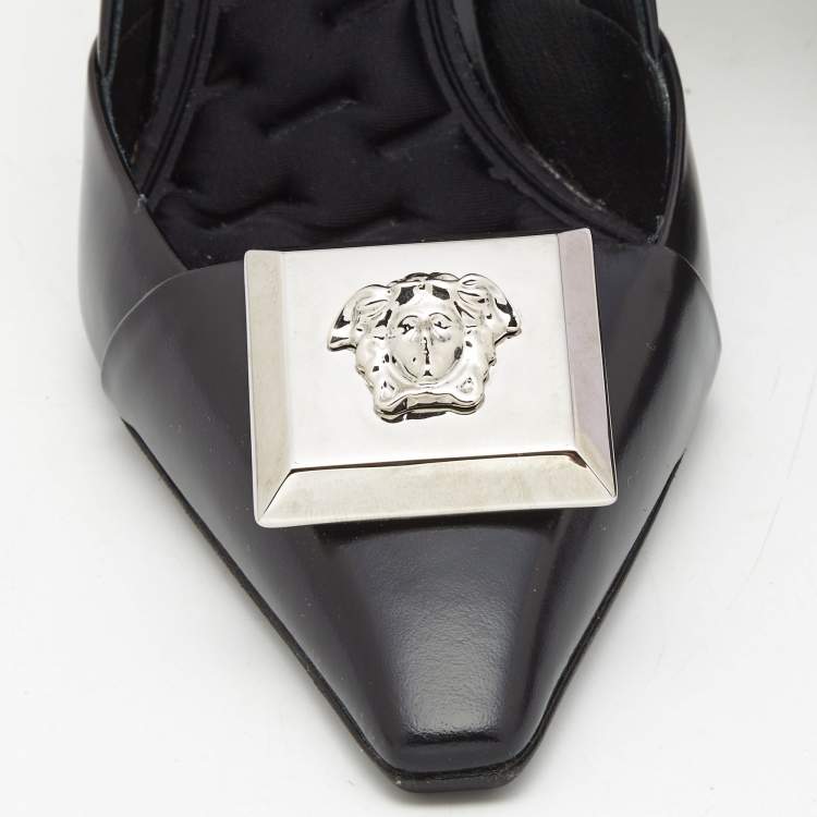 Pre Owned Versace Black Leather Medussa Metal Heel Pumps Size 37