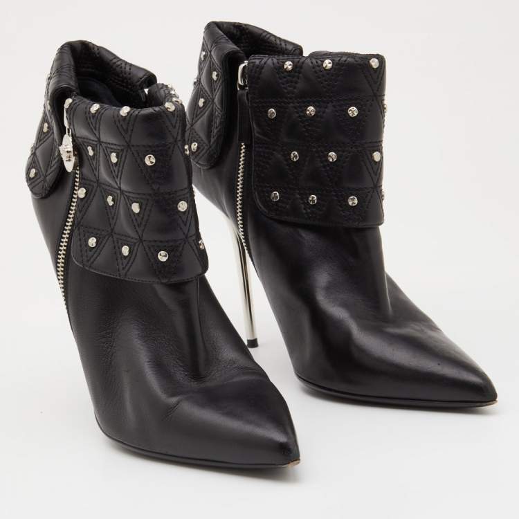 Pre Owned Versace Black Leather Quilted Studded Fold Ankle Booties Size 41