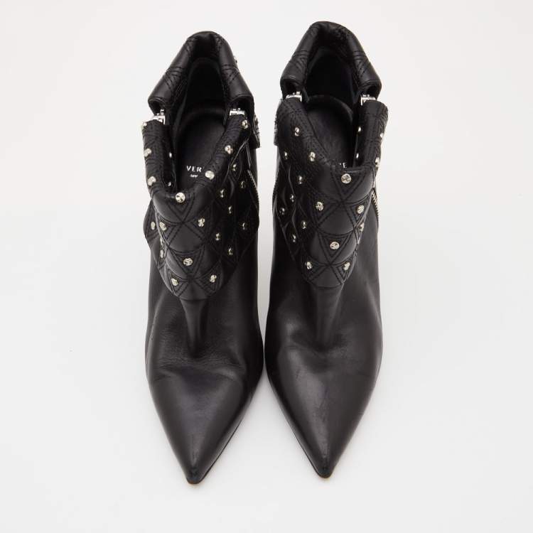 Pre Owned Versace Black Leather Quilted Studded Fold Ankle Booties Size 41