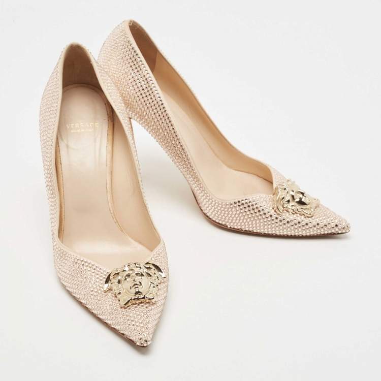 Pre Owned Versace Pink Crystal Embellished Leather Medusa Pumps Size 39